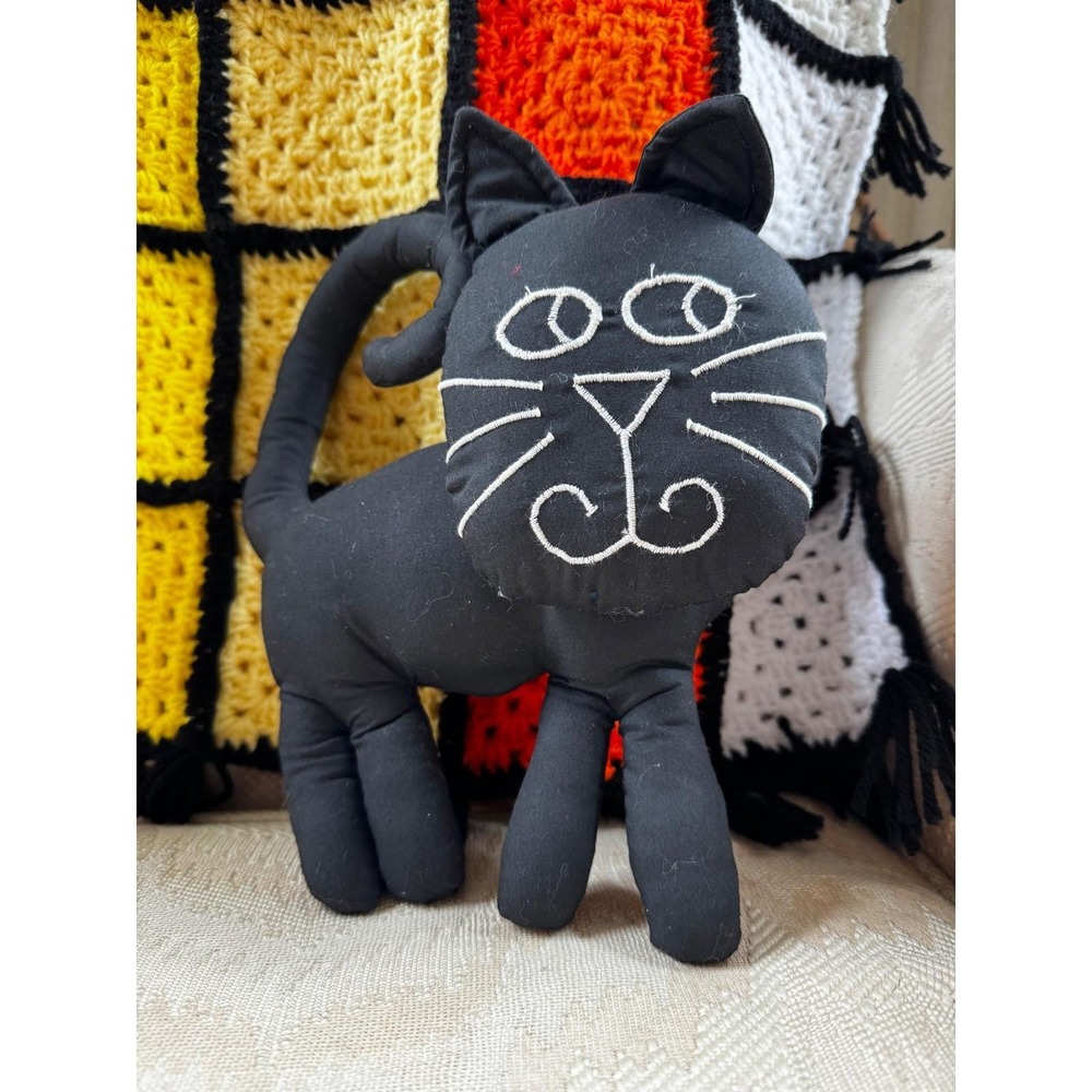VTG Handmade Black Cloth Cat Plush Folk Art Stuffed Animal Embroidered Halloween